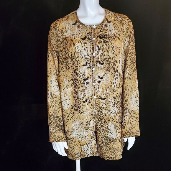 Laura Ashley Animal Print & Embroidered Floral Design Silk Button Down Shirt (L) - Picture 3 of 6